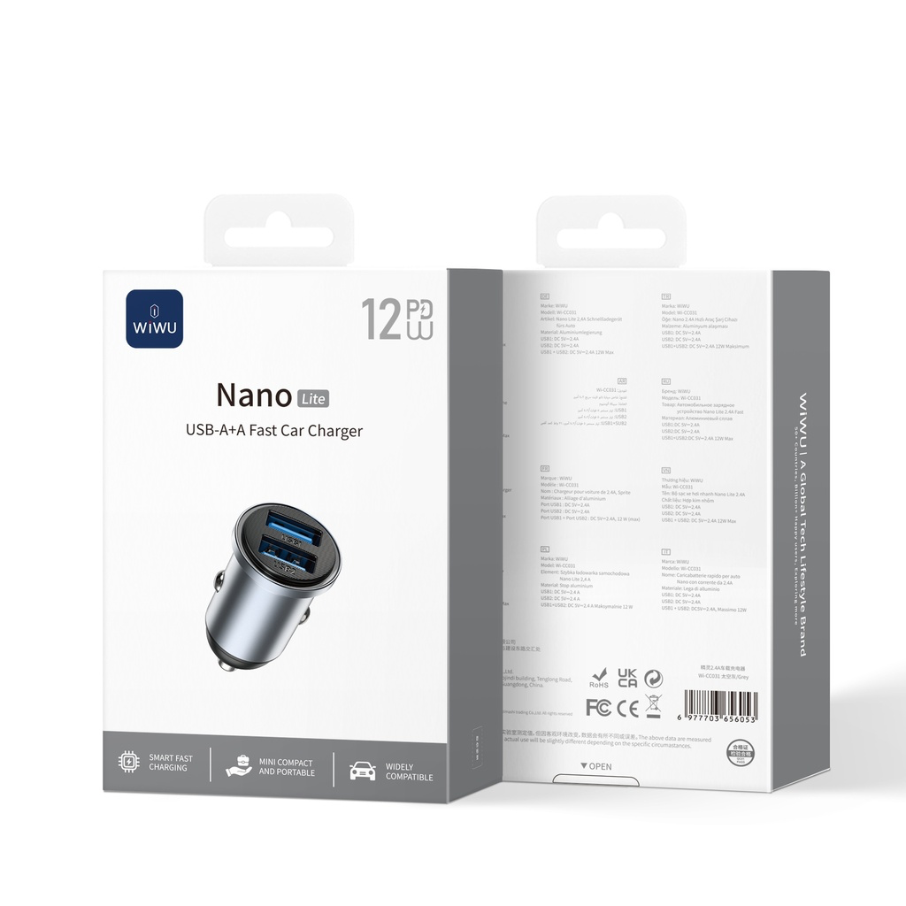 Nano Carregador Rápido para Carro (2.4A) Cinzento